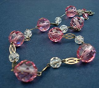 Art Deco Necklace Wired Rose Pink & Clear Crystals Fancy Links Vintage 1930s