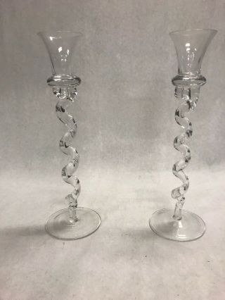 Pair Spiral Tall Crystal 10 In.  Glass Candle Holders Vintage Mid Century Modern
