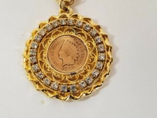 1899 Indian Head Penny Vintage Coin Pendant Clear Rhinestones W/ Chain Gold Tone