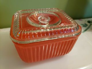 Vintage Anchor Hocking Red Fired - On Ribbed Glass Refrigerator Dish With Knob Lid