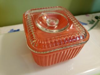 Vintage Anchor Hocking Red Fired - on Ribbed Glass Refrigerator Dish With knob Lid 7