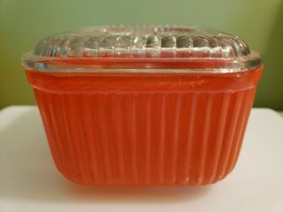 Vintage Anchor Hocking Red Fired - on Ribbed Glass Refrigerator Dish With knob Lid 8