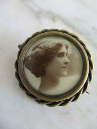 Vintage Victorian Sepia Photo Woman Portrait Mourning Brooch Pin