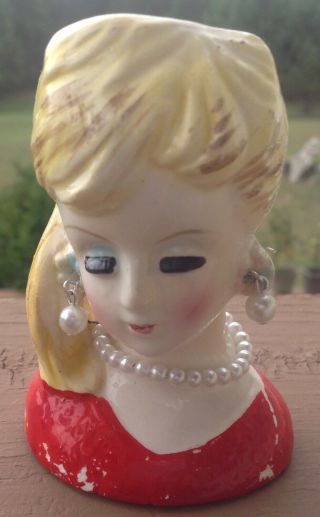 Lady Head Vase Blonde Red Dress Pearl Earrings Necklace Eyes Closed 3.  5” Vintage