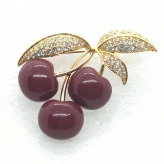 Signed Joan Rivers Vintage 3 Red Cherries Brooch Pin Rhinestone Lucite Cherry