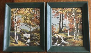 Vtg 2 8x10 Paint By Number Autumn Scenes Complete W Wooden Frame Collectible Art