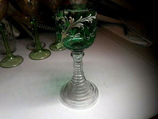 Vintage Bohemian Lead Crystal - Gilt&enameled Blue Green 7 1/8 " Roemer Wine Goblet
