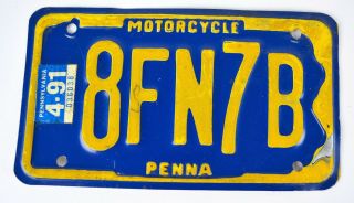 1991 Pennsylvania PA Penna Motorcycle Cycle License Plate Tag Old Vintage 2