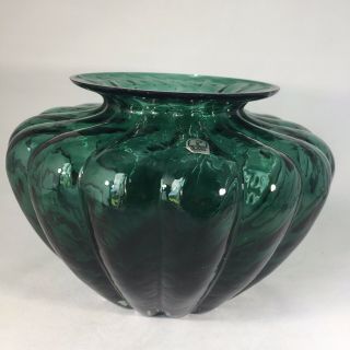 Vintage Pilgrim Green Glass Melon Vase Heavy Rich Color Usa Htf