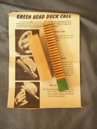 Vintage Green Head Duck Call With Instruction Sheet