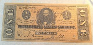 Vintage Confederate States America One Dollar No.  82129 Richmond Feb.  17,  1864