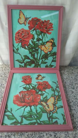 Vintage Completed 11x9 " Paint - By - Numbers Set Of 2 Lovely Roses And Butterflys
