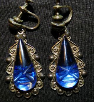 Vintage Sterling Mexican Screw Back Earrings Blue Glass Signed