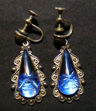 VINTAGE STERLING MEXICAN SCREW BACK EARRINGS BLUE GLASS SIGNED 2
