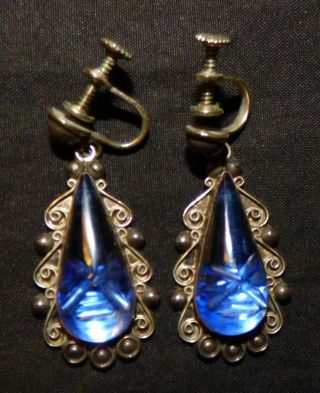 VINTAGE STERLING MEXICAN SCREW BACK EARRINGS BLUE GLASS SIGNED 5