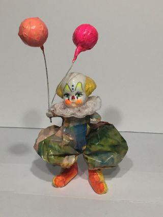 Vintage 5 " Paper Mache Clown Figurine W/ Balloons Lace Bibb Made In Mexico