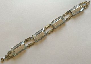 Vintage Art Deco Clear Glass & Filigree Panel Bracelet