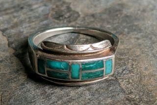 Vintage Zuni Sterling Silver Turquoise Inlay Handmade Ring Size 8.  5 Gorgeous