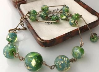 Vintage Art Deco Jewellery Gorgeous Bohemian Green Foiled Glass Bead Necklace
