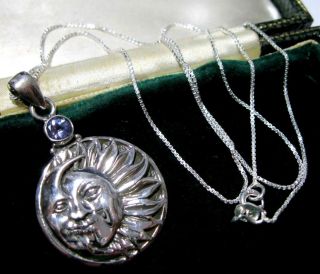 Vintage Style Sterling Silver Crescent Moon & Sun Tanzanite Gem Pendant Necklace