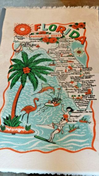 Vtg Retro Florida Map State Souvenir Beach Towel Fringe Graphics Palm Tree Skier