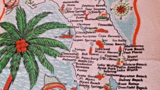 Vtg Retro Florida Map State Souvenir Beach Towel Fringe Graphics Palm Tree Skier 3
