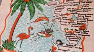 Vtg Retro Florida Map State Souvenir Beach Towel Fringe Graphics Palm Tree Skier 4