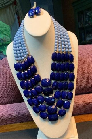Vintage Shades Of Blue Extra Large Lucite Beaded Large Statement Necklace Set