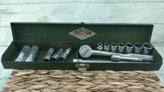 Vintage S - K Wayne 3/8 Drive 16 Pc Sae Socket Wrench Set In Metal Tool Box U.  S.  A.