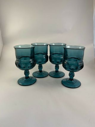 Vintage Set Of 4 Indiana Glass Thumbprint Blue Goblet Kings Crown