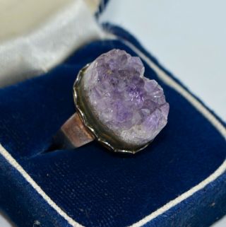 Vintage Sterling Silver & Rough Amethyst Geode Crystal Adjustable Ring - Signed