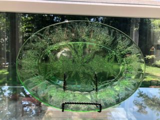 Vtg Green Depression Glass Oval Serving Platter Plate Daisies & Ferns Etched