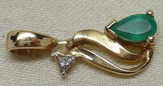Vintage Solid 14k Gold Pear - Cut Emerald & Diamond Designer Pendant - Gorgeous
