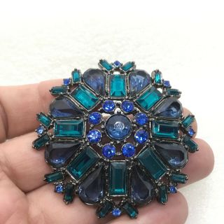 Vintage Flower Brooch Pin Green Blue Rhinestone Black Tone Costume Jewelry