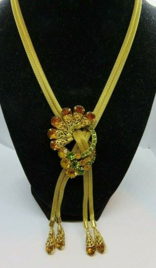 Vintage Gold Tone Mesh Necklace Amber / Green Rhinestone Statement Unsigned 18 "