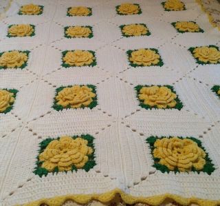 Vtg Handmade Granny Crochet Blanket 3d Yellow Rose Square Afghan 64 X 45
