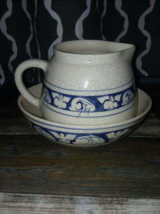 Vintage Potting Shed Dedham Rabbit 10 " Bowl With 6 Inch Tall Pitcher.  Cobalt Blue