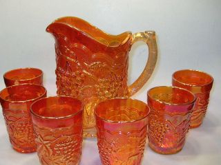 Vintage Marigold Carnival Glass Pitcher With 6 Matching 8 Oz.  Glasses.  Lovely