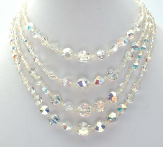 Vintage Ab Crystal Bead Necklace 4 Strand 16.  5 " Long Graduated Aurora Borealis