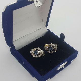 Vintage Scottish Thistle Clip - On Earrings Silver Tone Blue Glass Stone Scotland