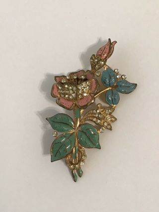 Vintage Large Art Deco Rhinestone Enamel Coro Flower Brooch Pin
