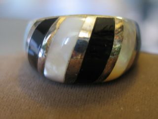 Vtg Sterling Silver Onyx Mop Inlaid Signed K Thai Size 7 3/4 Gorgeous Ring 8.  5g