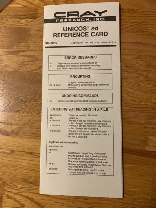 Cray Research Inc Unicos Ed Reference Card Sq - 2055 Copyright 1987
