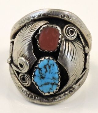Vintage Native American Sterling Silver Turquoise & Coral Ring Size 10 (611 - 01)