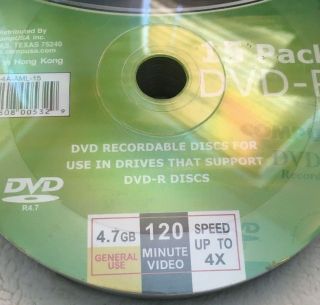DVD - R 15 Pack Recordable Discs 4.  7GB 120 Minute Video 4x Speed 31408 4