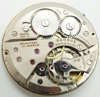 Vintage Benrus Model Aw3 17 Jewel Pocket Watch Movement Runs For Repair 39mm