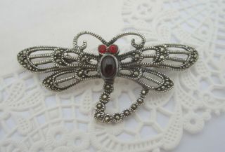 Vintage Sterling Silver & Marcasite Dragonfly Brooch Pin Ruby Red Eyes & Garnet