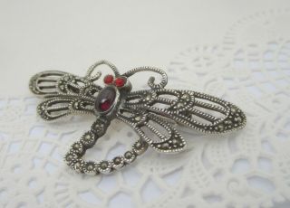 Vintage Sterling Silver & Marcasite Dragonfly Brooch Pin Ruby Red Eyes & Garnet 2