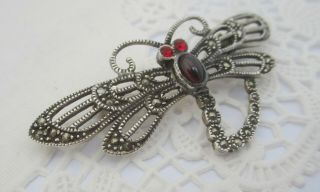 Vintage Sterling Silver & Marcasite Dragonfly Brooch Pin Ruby Red Eyes & Garnet 3