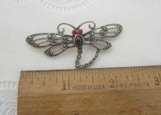 Vintage Sterling Silver & Marcasite Dragonfly Brooch Pin Ruby Red Eyes & Garnet 5